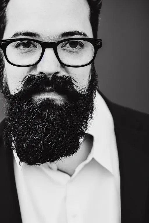 Prompt: photo closeup of a man's head, black and white, moustache, beard, black hair, glasses, 3 5 mm, bokeh, black and white