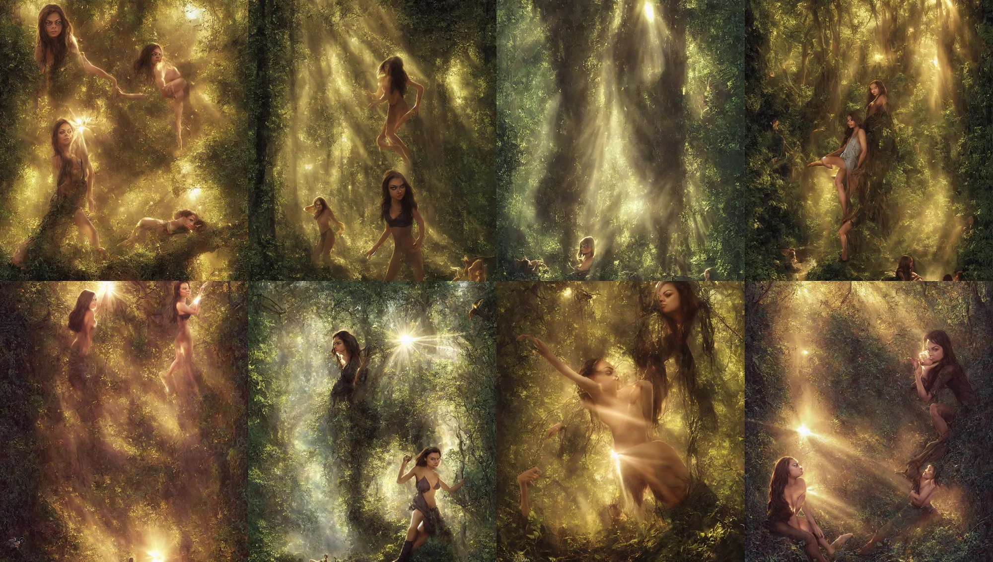 Image similar to big - eyed mila kunis biting her lip, sun - rays through canopy, gentle sparkling forest stream, sundown golden hour firefly wisps, focal length : 2 0 0. 0 mm, steve hanks, charlie bowater, mark brooks, steve henderson, justin gerard, mark keathley, victor nizovtsev, tom bagshaw, krenz cushart, ross tran