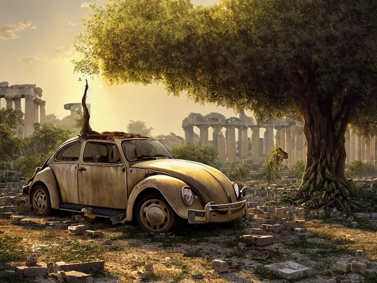 Image similar to a tree growing on a scrap vw beetle in ancient greek ruins, gray wasteland, many scrap cars, overgrown, pillars and arches, vines, hyperrealistic, highly detailed, cinematic, ray of golden sunlight, beautiful, cgsociety, artstation, 8 k, oil painting by greg rutkowski, by artgerm, by wlop