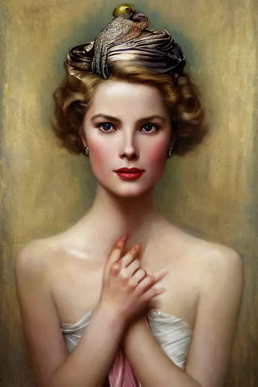 Prompt: A young and extremely beautiful Grace Kelly explaining the birds and the bees by Tom Bagshaw in the style of a modern Gaston Bussière, art nouveau, art deco, surrealism. Extremely lush detail. Perfect composition and lighting. Profoundly surreal. Sultry look on her face.