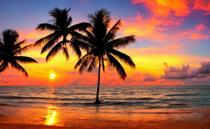 Image similar to a tropical beach with a beautiful sunset