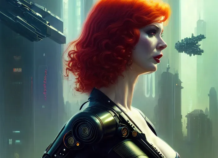 Image similar to wideangle shot of christina hendricks in cyberpunk 2 0 7 7, intricate, elegant, highly detailed, centered, digital painting, artstation, concept art, smooth, sharp focus, illustration, artgerm, tomasz alen kopera, peter mohrbacher, donato giancola, joseph christian leyendecker, wlop, boris vallejo