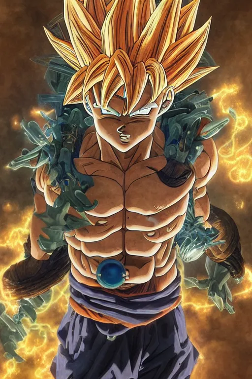 Image similar to goku as a organic cyborg, diffuse lighting, fantasy, intricate, elegant, highly detailed, lifelike, photorealistic, digital painting, illustration, concept art, smooth, sharp focus, art by john collier and albert aublet and krenz cushart and artem demura and alphonse mucha