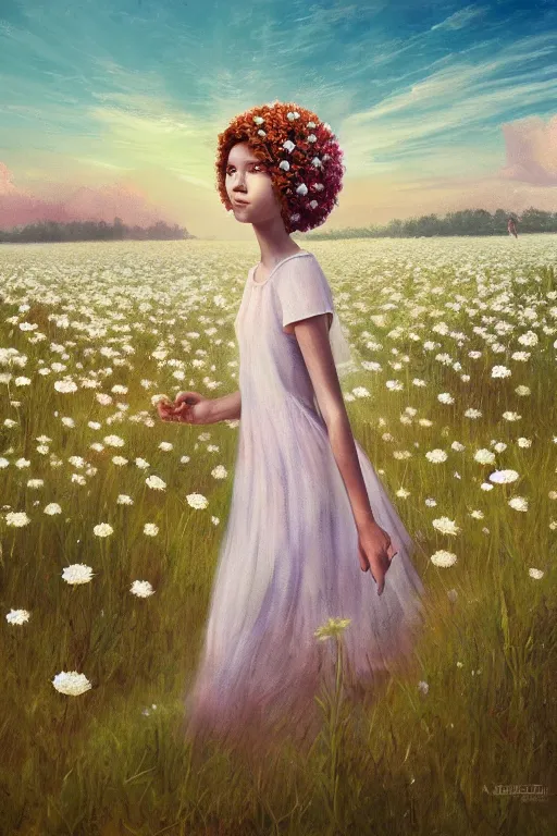 Image similar to giant white daisy flower head, girl with veil walking in a flower field, surreal photography, sunrise, dramatic light, impressionist painting, colorful clouds, digital painting, artstation, simon stalenhag