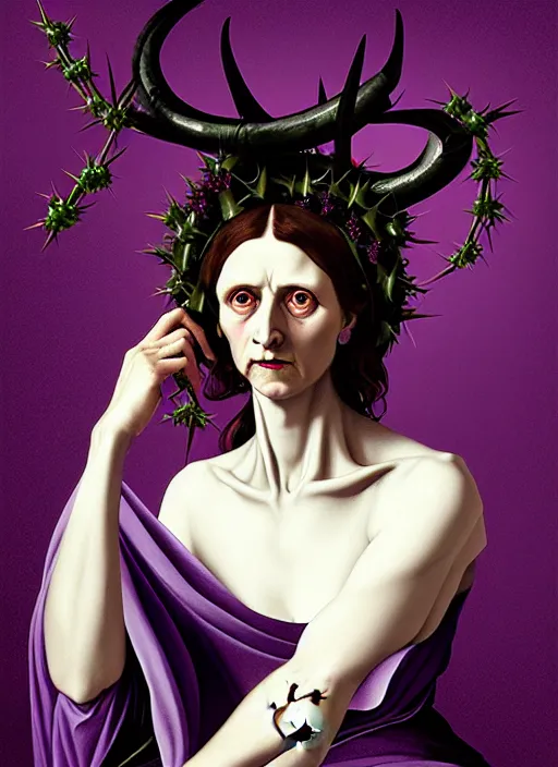 Image similar to portrait of a old year woman with a wreath of thorns a dress of bones and piony horns snake smoke, purple colour scheme, full length, masterpiece, art by caravaggio, artstation