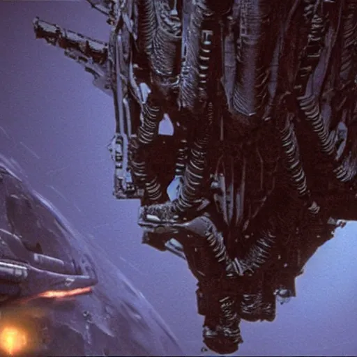 Image similar to the huge Nostromo spaceship landed on a dark and cloudy planet, very detailed, Alien movie by Ridley Scott