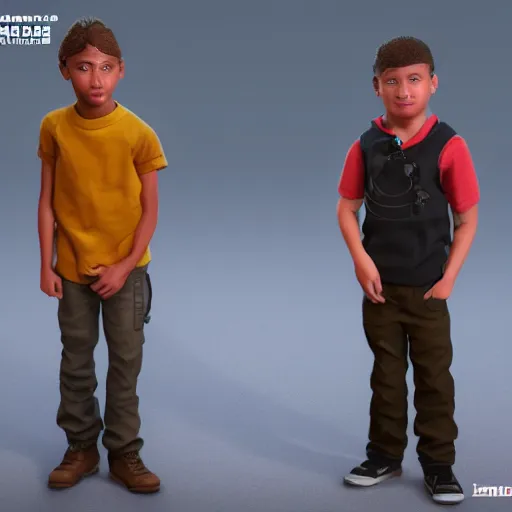 Image similar to full body unreal engine 5 render of two boys, highly detailed faces