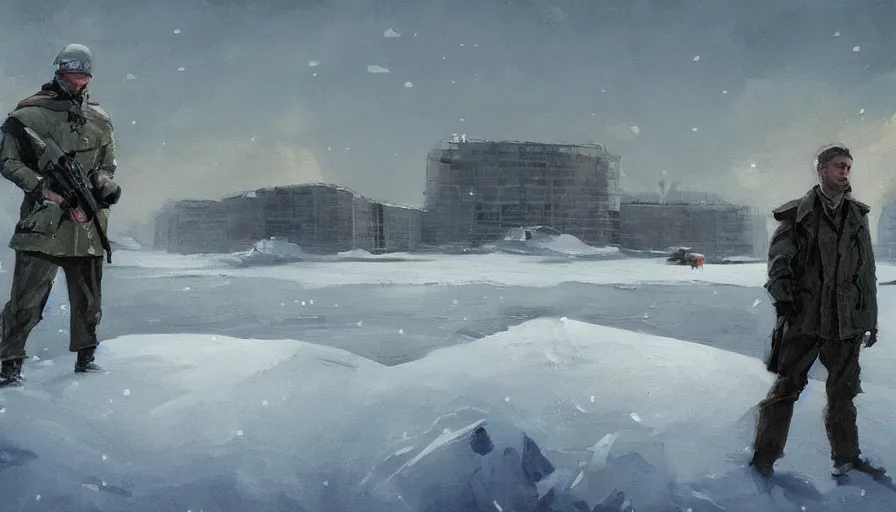 Image similar to a beautiful painting in the style of sergey kolesov of a snowy landscape overlooked by a handsome man in tactical gear fit for a spy, overseeing a large brutalist facility in the distance, award winning art