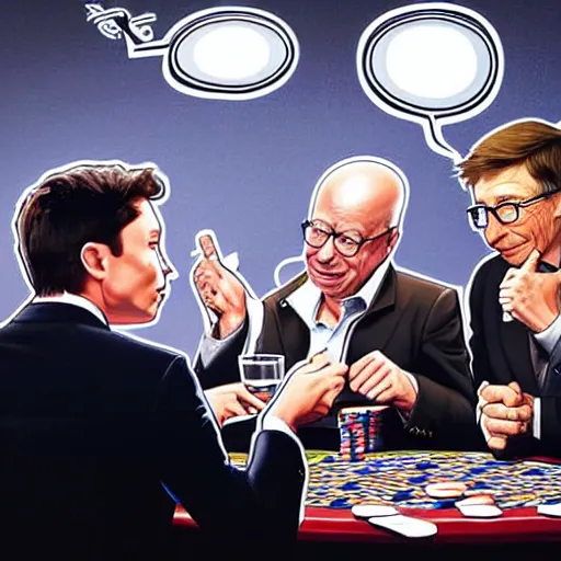 Image similar to UHD photorealistic Elon Musk playing poker with Satoshi Nakamoto, Klaus Schwab, and Bill Gates, hyperrealistic, correct details, symmetrical faces, accurate faces,