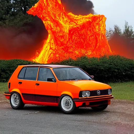 Prompt: a Volkswagen Golf, stuck in molten lava