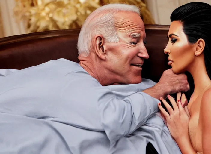 Image similar to film still of kim kardashian being kissed to sleep by joe biden, 8 k