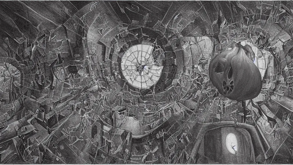 Image similar to a beautiful dreamy painting of a coronavirus inside a growing high-resolution television screen, dark, sinister, detailed, art by M.C. Escher