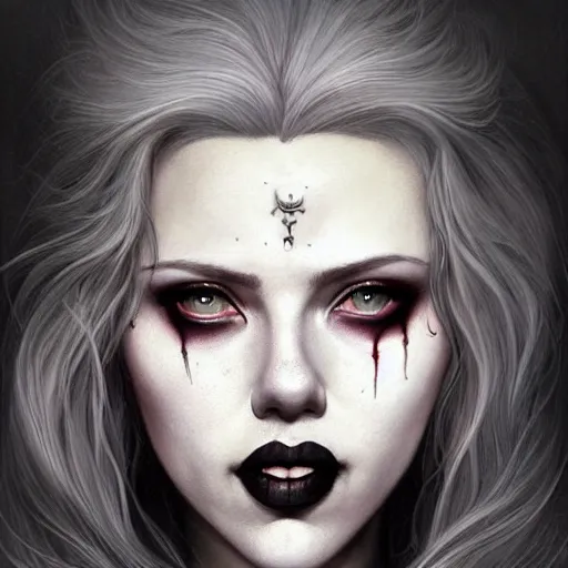 Image similar to detailed portrait of scarlett johansson as a cute undead goth girl, beautiful, fantasy, intricate, elegant, highly detailed, digital painting, artstation, concept art, matte, sharp focus, illustration, art by aenaluck, artgerm and roberto ferri and greg rutkowski, epic fantasy, digital painting