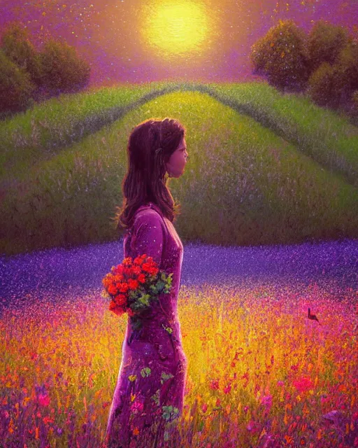 Image similar to girl with giant flower as a face and flower dress, standing in a flower field hills, big trees, sunrise dramatic light, impressionist painting, colorful clouds, digital painting, pointillism, artstation, simon stalenhag