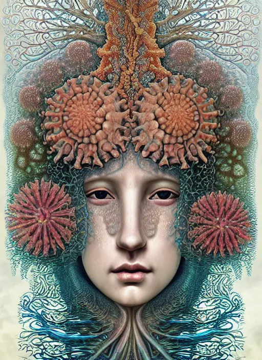 Image similar to realistic detailed underwater face portrait of the beutiful young goddess of the fish of the fractal waters with an intricate headdress of corals, sea kelp, sea plants, coral reef, fish, jellyfish, art by ernst haeckel, zdzisław beksinski, hieronymus bosch, gothic, neo - gothic, ornamental, beautiful deep colours,