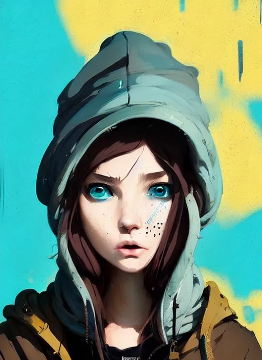 Image similar to highly detailed portrait of a sewer punk lady student, blue eyes, burberry hoody, hat, white hair by atey ghailan, by greg rutkowski, by greg, tocchini, by james gilleard, by joe fenton, by kaethe butcher, gradient yellow, black, brown and cyan color scheme, grunge aesthetic!!! ( ( graffiti tag wall background ) )
