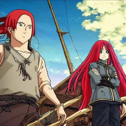 Prompt: sky-pirate with long red hair in front of a sky-ship, vinland saga, anime style