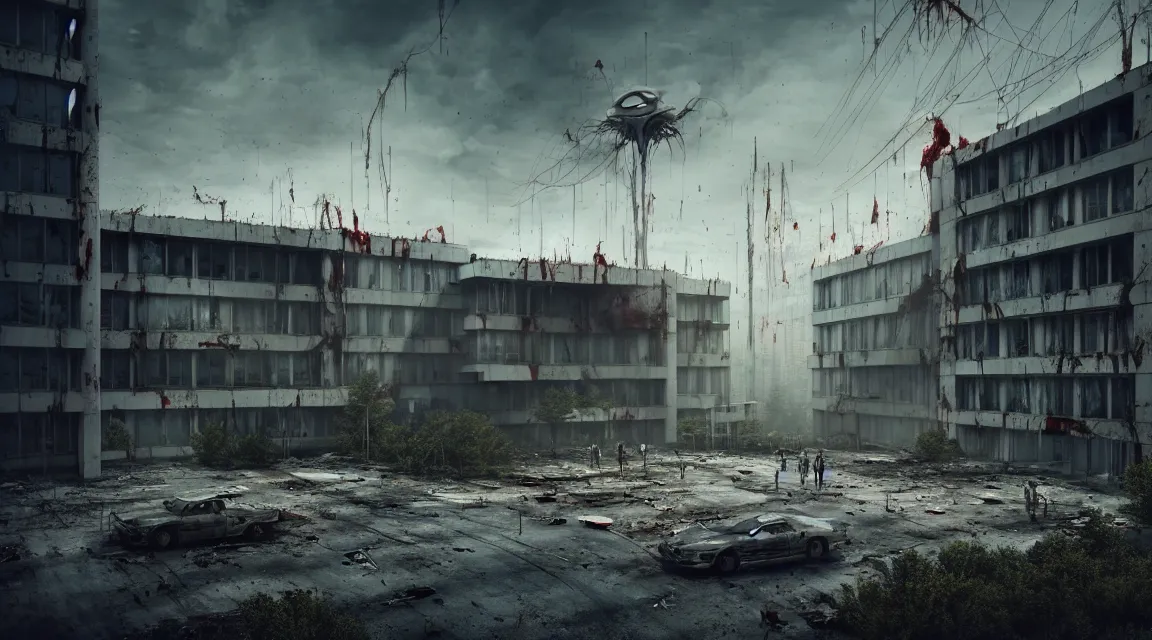 Prompt: post apocalyptic hospital building, grey aliens standing, morning, building, avenue, modern contemporary urban americana concrete architecture, by pascal blanche, neil blevins, apocalyptic color palette, trending on artstation, photorealistic, wilderness ambiance, ultra detailed, high definition, depth of field, bokeh, rubble, wild vegetation, blood stains, building crumbling