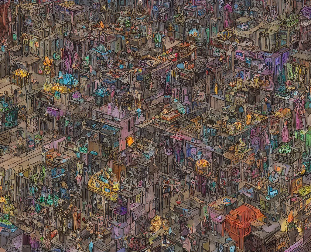 Prompt: city marketplace with mixed medieval and cyberpunk architecture, with many strange sentient beings, many goblins, shopping for colorful baubles and objects, horror vacui, extremely detailed illustration inspired by where's waldo, wimmelbilder drawings