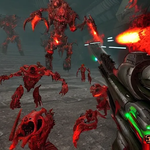 Prompt: bloody hell scene, doom slayer walking on human bloody dead bodies, shooting with heavy bolt rifle towards demons, view from side