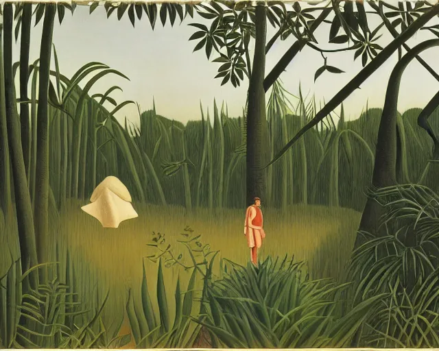 Prompt: snake oil researcher traversing the swamps of Formosa, painting by Henri Rousseau
