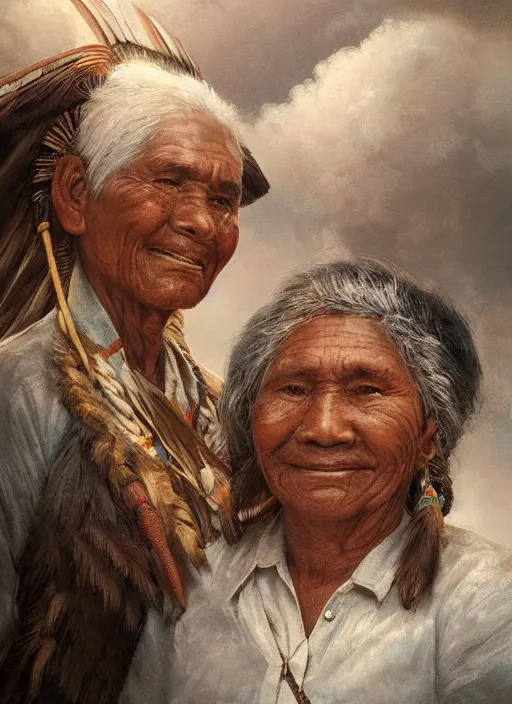 Image similar to portrait of an indigenous amazonian grandfather and grandmother in the clouds, smiling, protection, benevolence, ancestors, detailed faces, art by greg rutkowski