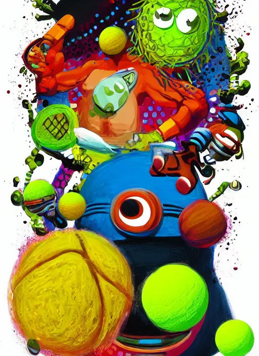 Image similar to good morning pancake and coffee monsters , a tennis ball monster ,tennis ball, colorful, digital art, fantasy, magic, trending on artstation, ultra detailed, professional illustration,chalk, poster artwork by Basil Gogos , clean