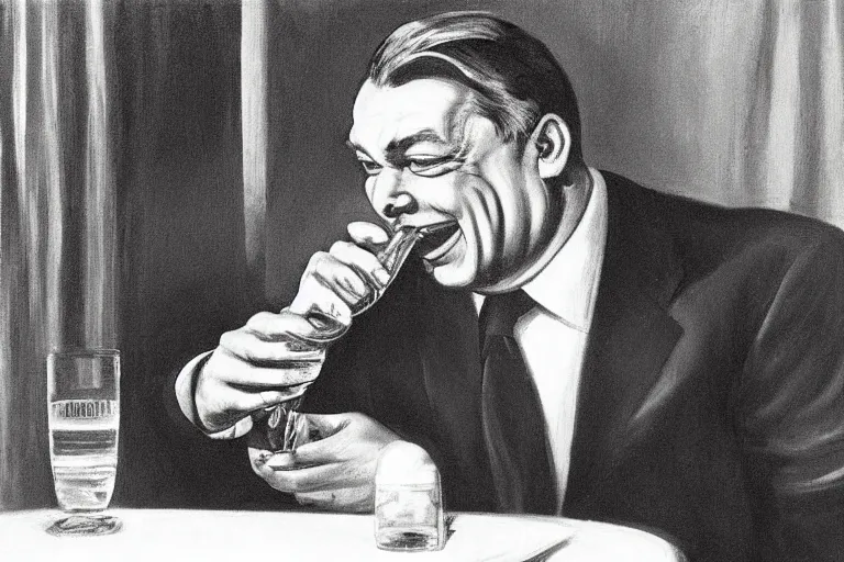 Image similar to viktor orban drinking champagne, smoking cigar, laughing hard, highly detailed face by edward hopper