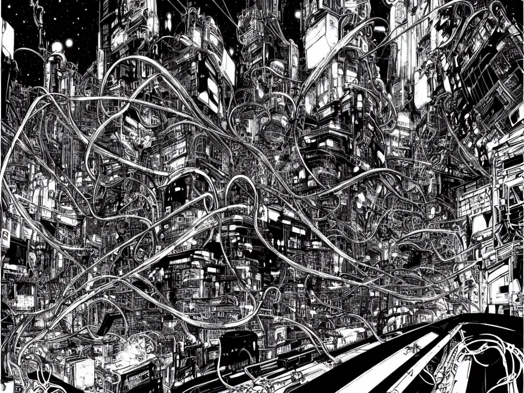 Prompt: cyborg monsters with tentacles and wires in detailed huge cybernetic mega city in space, black and white, by nihei tsutomu
