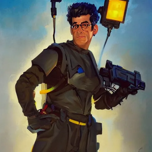Image similar to greg manchess portrait painting of armored ghostbuster egon spengler as overwatch character, medium shot, asymmetrical, profile picture, organic painting, sunny day, matte painting, bold shapes, hard edges, street art, trending on artstation, by huang guangjian and gil elvgren and sachin teng
