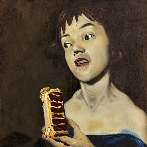 Image similar to saturn devouring a snickers chocolate bar, goya painting, in the style of goya and greg rutkowski, in the style of black paintings, 8 k, highly realistic