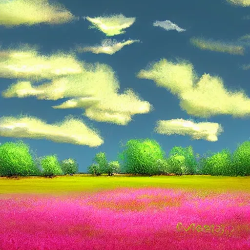 Prompt: digital art of a lush green field and a big pink sky with big fluffy clouds