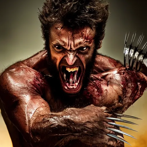 Image similar to the wolverine screaming, zombie, full body shot, butcher by yousuf karsh, golden hour, realistic, body shot, sharp focus, 8 k high definition, insanely detailed, intricate, elegant