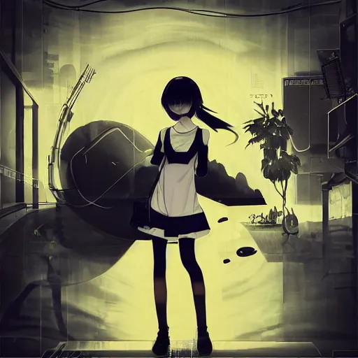 Image similar to Frequency indie album cover, luxury advertisement, yellow filter, white and gray colors. Clean and detailed post-cyberpunk sci-fi close-up schoolgirl in asian city in style of cytus and deemo, blue flame, relaxing, calm and mysterious vibes, by Tsutomu Nihei, by Yoshitoshi ABe, by Ilya Kuvshinov, by Greg Tocchini, nier:automata, set in half-life 2, Matrix, GITS, Blade Runner, Neotokyo Source, Syndicate(2012), dynamic composition, beautiful with eerie vibes, very inspirational, very stylish, with gradients, surrealistic, dystopia, postapocalyptic vibes, depth of field, mist, rich cinematic atmosphere, perfect digital art, mystical journey in strange world, beautiful dramatic dark moody tones and studio lighting, shadows, bastion game, arthouse