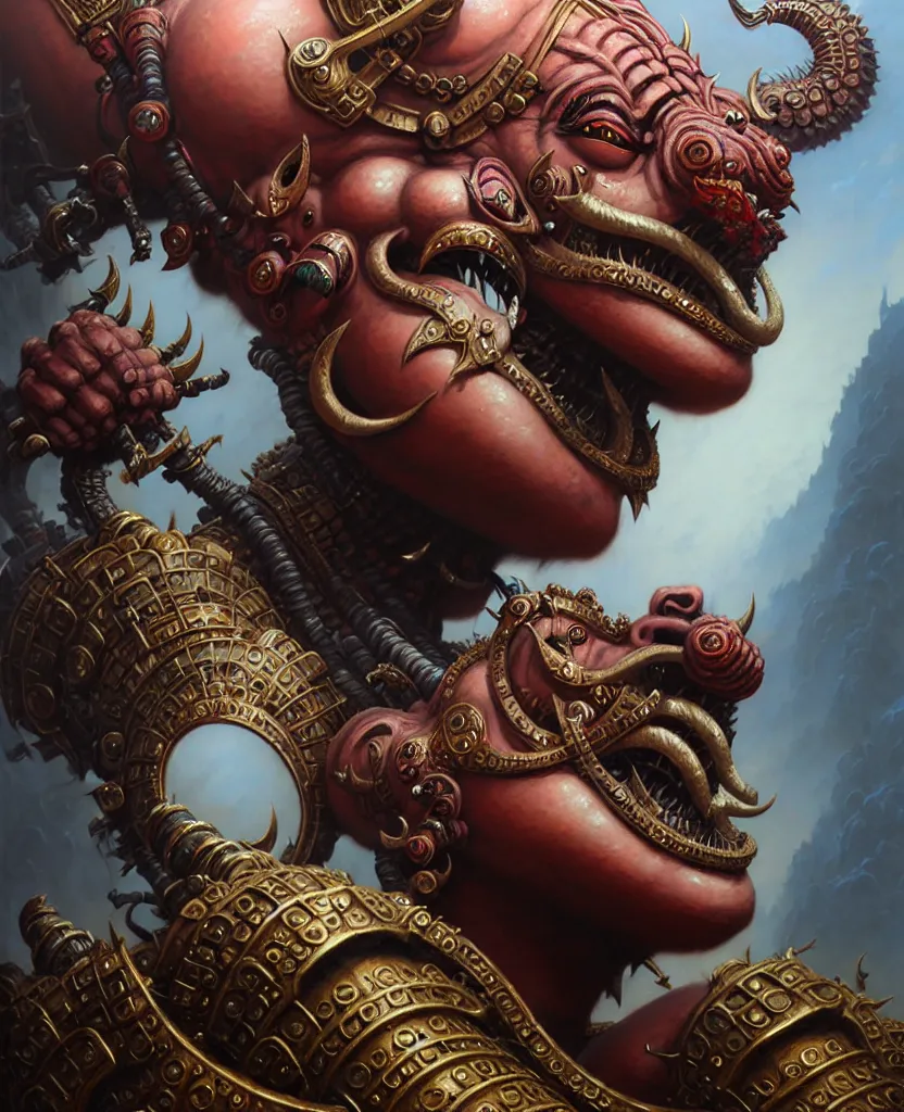 Prompt: beautiful ferocious brutal ravana fantasy character portrait, close - up, headshot, ultra realistic, intricate details, the fifth element artifacts, highly detailed by peter mohrbacher, hajime sorayama, wayne barlowe, boris vallejo, aaron horkey, gaston bussiere, craig mullins