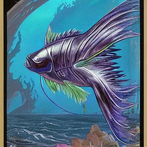 Image similar to a single fantasy deep sea fish that is heavily armored and it has disproportionately huge colorful wide spined pectoral fins and on its head 6 large black eyes and it's skin and fins have complex markings and it's tail fin is spined, it is swimming in a purple deep landscape with jagged rocks by alphonse mucha and brian froud