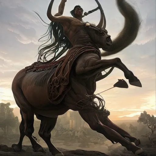 Image similar to a 40 foot tall centaur with a bull's head, nightmare fuel, highly detailed, digital painting, artstation, concept art, sharp focus, illustration, cinematic lighting, art by artgerm and greg rutkowski and alphonse mucha