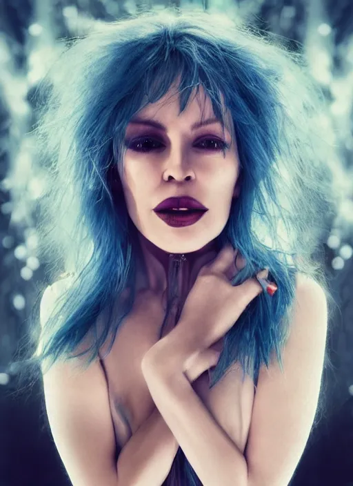 Image similar to beautiful portrait of kylie minogue, gothic, blue hair, ultra realistic, cinematic lighting, depth of field, Seb McKinnon