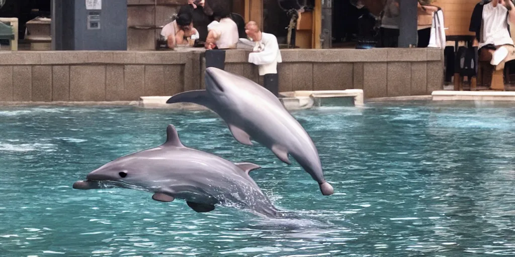 Image similar to photo of Yakuza dolphin in a onsen smoking a cigar