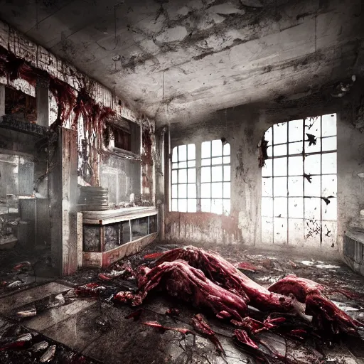 Prompt: butcher angry rotting zombie, detailled beautiful portrait, dilapidated butchery interior, feeling of grimdark horror, daytime, high contrast, ultra intricate detailed, octane render, unreal engine