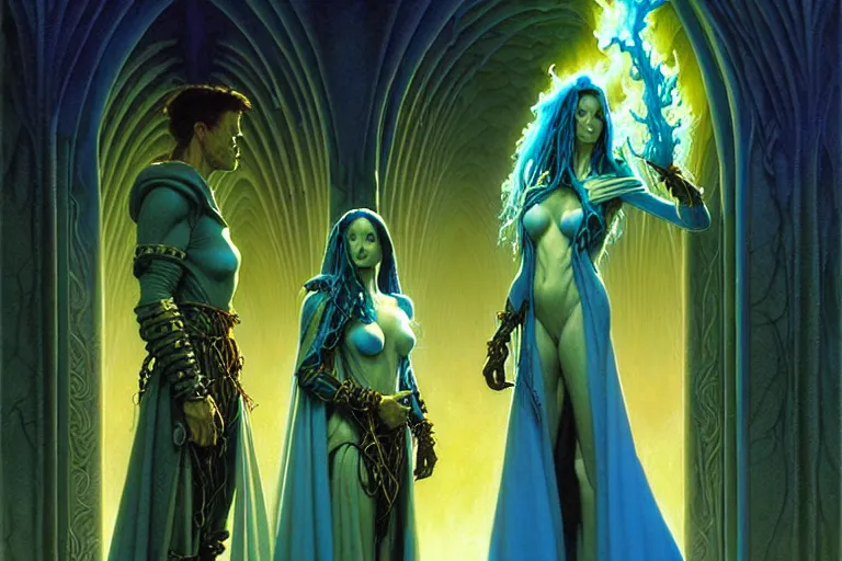 Prompt: the female arcanist and the male artificer by michael whelan and roger dean and brom and hubert robert and greg staples and donato giancola, beautiful, flowing magical robe, highly detailed, hyperrealistic, intricate, energy, electric, blue flame, low light, green crystal, high contrast, old and young, lifelike