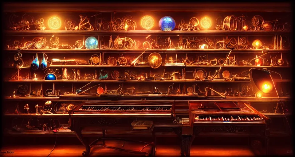 Prompt: a shelf of amazing magical musical instruments, cinematic lighting, detailed, beautiful colors, ornate, by greg rutowski and artgerm 4 k