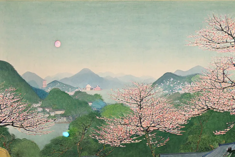 Image similar to an ultradetailed landscape painting of westlake in china hangzhou, pagodas on hills, osmanthus blossoms nearby, fine wind, chinese water color, smooth, sharp focus, illustration, by hilma af klint, 8 k