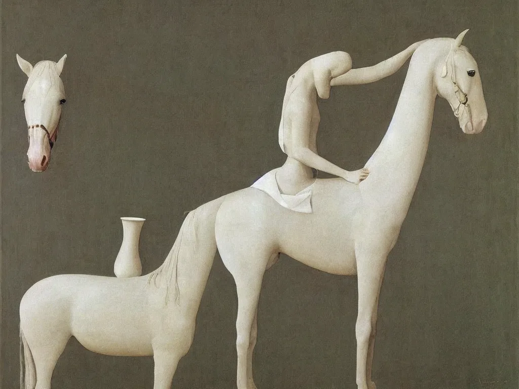 Image similar to Horse dressed in white cloth. Water vase. Painting by Alex Colville, Piero della Francesca, Zurbaran