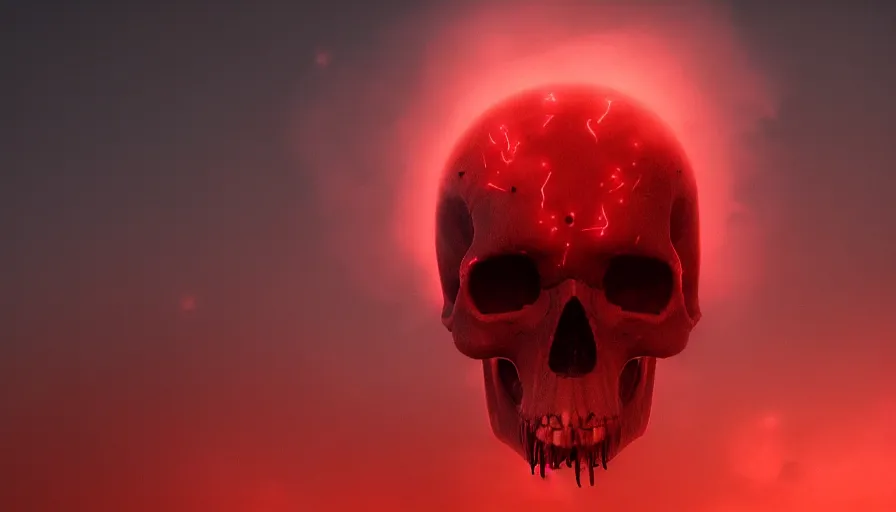 Prompt: Photorealistic Skull covered in thin red strings Surrounded by thick fog and clouds that glow from lights in the distance, volumetric lighting, haze, atmosphere, magical lighting, digital art, wallpaper, octane, redshift