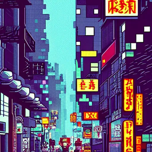 Image similar to alone on the rainy streets of Neo-Tokyo, incredibly detailed pixel art, trending on artstation