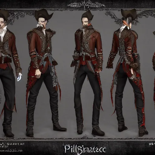 Image similar to Full body profile of Male Victorian Gothic Pirate Genshin Impact character, hd, intricate, bloodborne, 8k, digital art