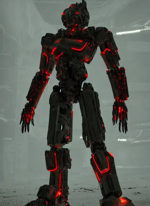 Prompt: mecha wearing black cloak chrome internals wiring harness armored damaged. glowing red eye bright. smoldering burning fire. muscular thick arms. creepy decay style of Roger Deakins Jeremy Saulnier Newton Thomas Sigel Robert Elswit Greig Fraser trending rtx on ue4