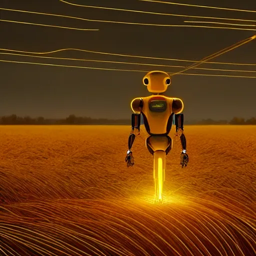 Image similar to digital painting of a glowing robot with gold wires levitating in a wheat field, synthetic humanoid smooth body, at night, stunning, cinematic lighting, concept art by greg rutkowski and simon stalenhag, artstation, cinematic, masterpice, insanely detailed, very realistic