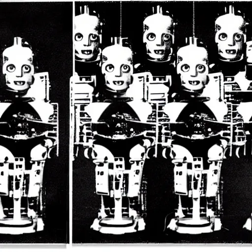 Prompt: portrait of the robot of the film metropolis, litography by andy warhol